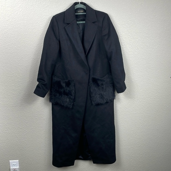 New Kobi Halperin Notched Collar Wool Blend Coat Fur Pockets Shearling Black XS - Picture 3 of 16